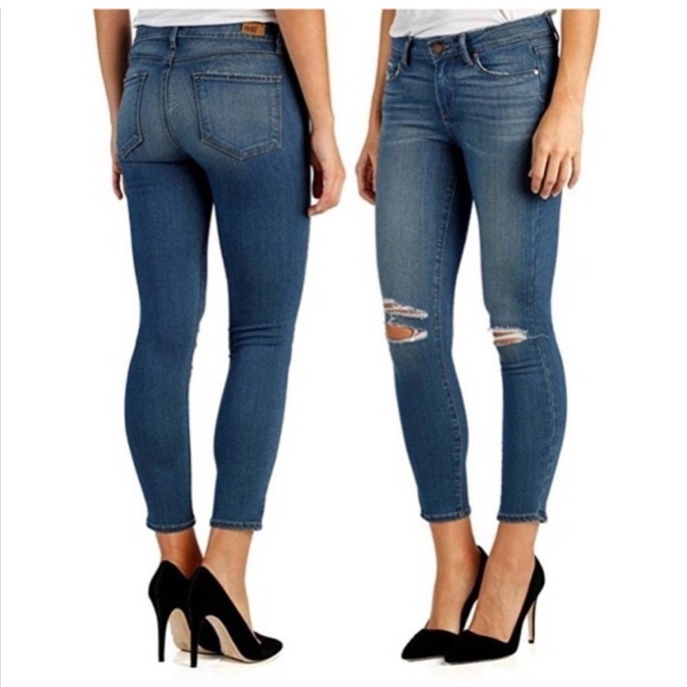 Paige Verdugo Crop Skinny Jeans Mid Rise Dark Wash Distressed Knees